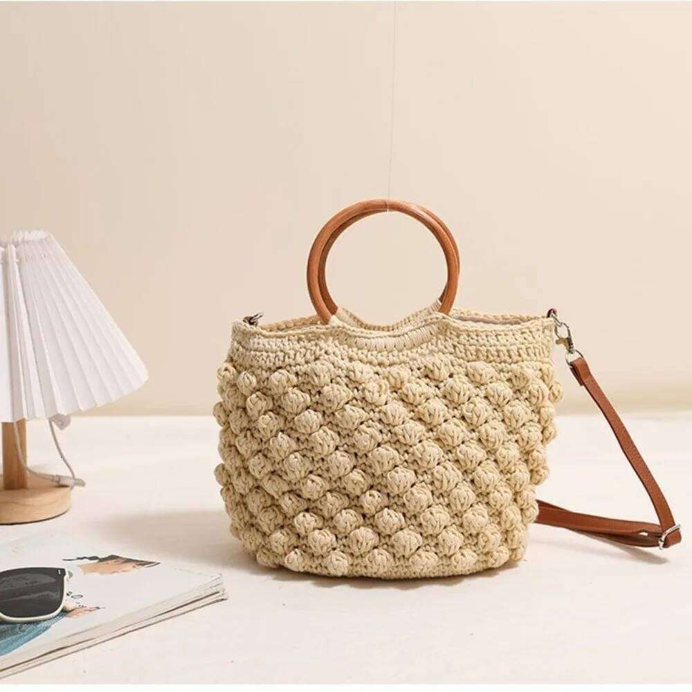 Women's Bags Designer Handmade Crochet Tote Bags For Women Round Wooden Handle Handbag Rope Knitted Beach Shoulder Woven Crossbody Bag Shopper NE