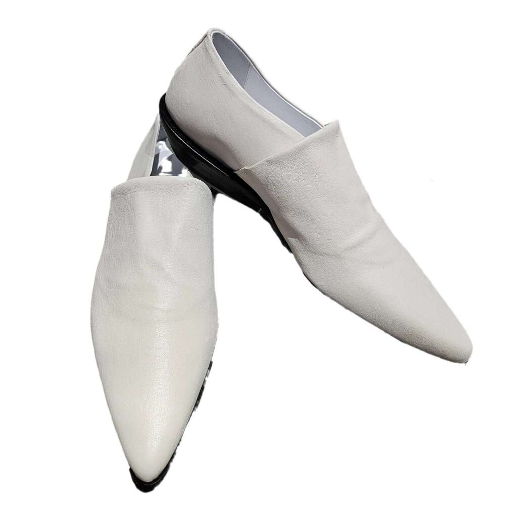 Korean Style Niche Genuine White Pointed Toe Deep Mouth Loafers for Women 2024 New Chunky Heel Small Leather Evening Single Shoes