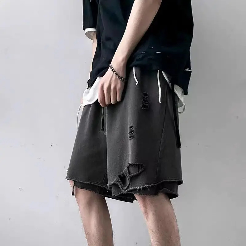 High Street Ripped Shorts Mens Loose Korean Style Fashion Sports Pants Two-Piece Layered Five-Cubic Pants 250527