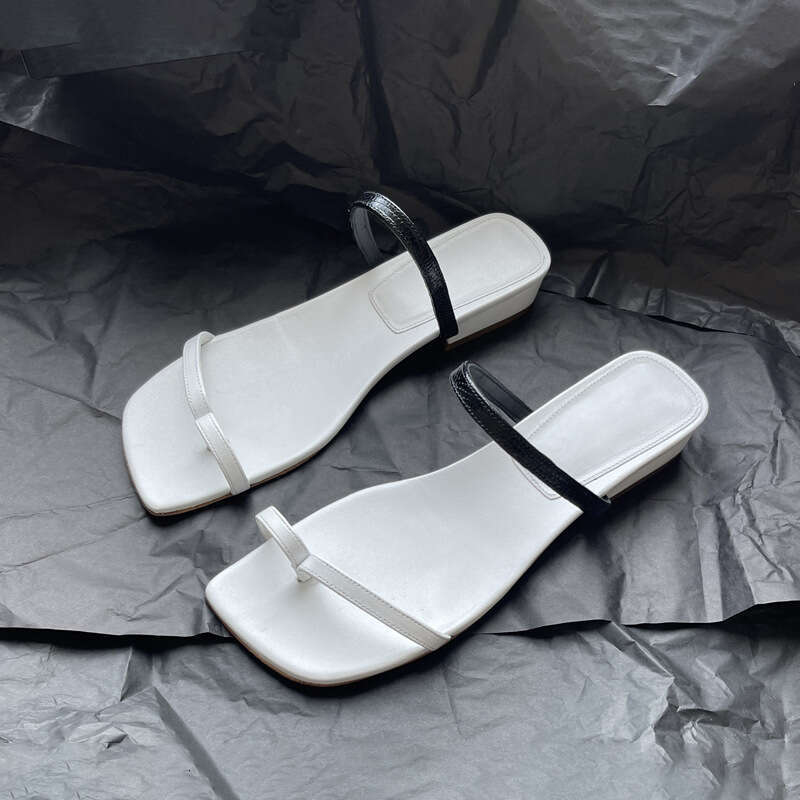 Genuine Leather Flat Low Heel Post Strap Beach Sandals for Women 2024 Summer Square Toe Flip-Flops Outdoor Wear