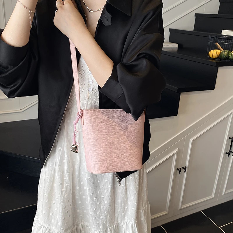 Lychee Pattern Mini Shoulder Bucket Bags For Women Pure Color PU Leather Crossbody Bag With Pendant Summer Latest Handbags 250528