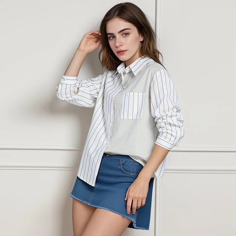Korean Loose Casual Womens Shirt Blouses Sweet Striped Sweet For Women Top Patchwork Pocket Shirt Summer In Clothes 250529Z