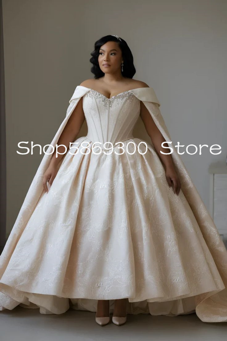 Ivory Plus Size Wedding Dresses with Cape Curvy Crystal Corset Lace Puffy Skirt Customsized Church Garden Bridal Gown