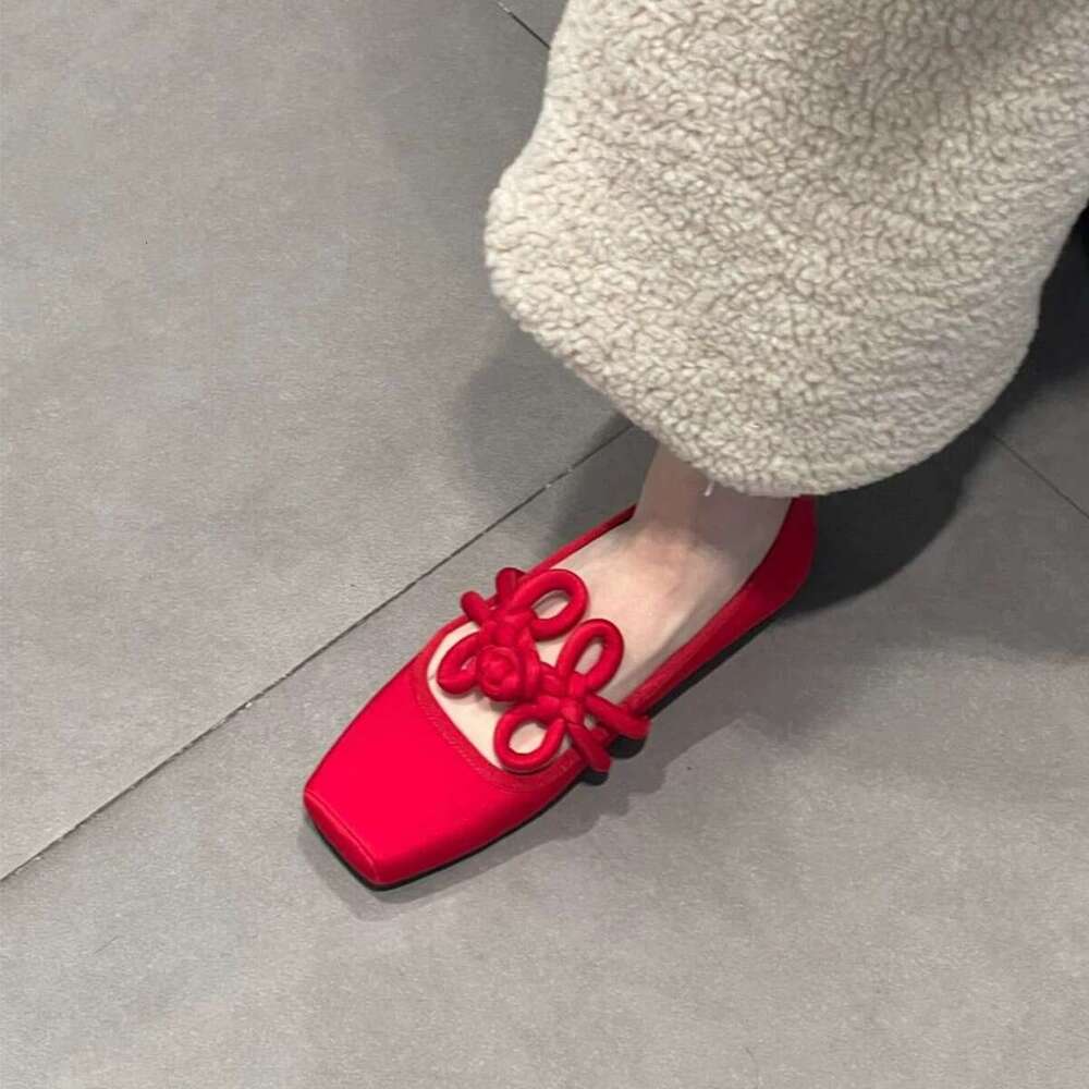 Genuine Leather Satin Flat Shallow Mouth Square Toe Single for Women 2025 Spring Chinese Knot Red Mary Jane Ballet Shoes