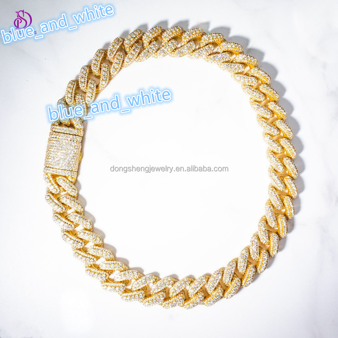 Diamond Mossinate Cuban Chain 3 Row Stone Miami Cuban Link Chain Fashion Customization Moissanite Cuban De 10mm 10k 14k 18k Gold