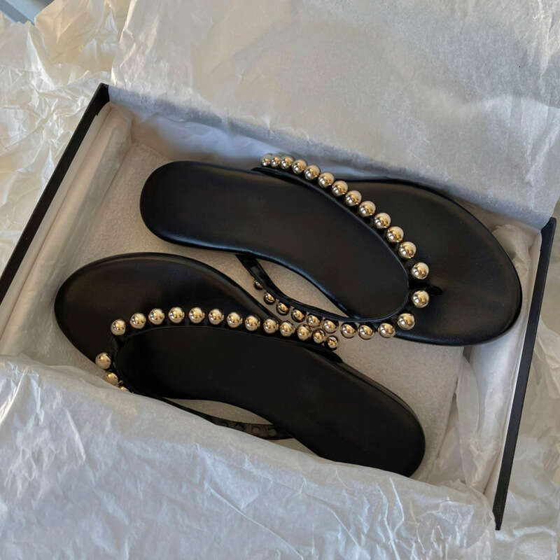 French Style Pearl Genuine Leather Flat Flip-Flops for Women, Outdoor Wear, Summer 2024 New Fashion Beach Toe-Post Sandals