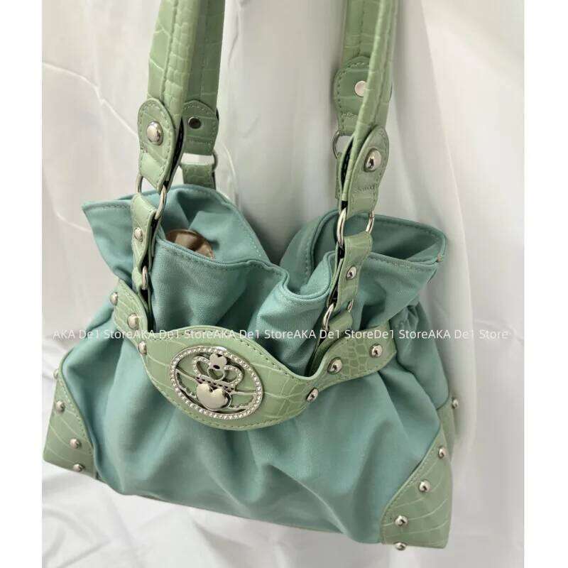Belt Design Streetwear Green Zipper Y2k Girl Shoulder Pleated Fashion Underarm Bags Rivet Gothic Women's Handbags