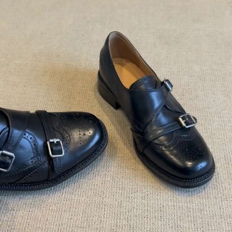 Genuine Brogue Carved Small Leather Shoes for Women, Chunky Heel, Thick Sole, Round Toe, Slip-On Loafers, Commuter Flats