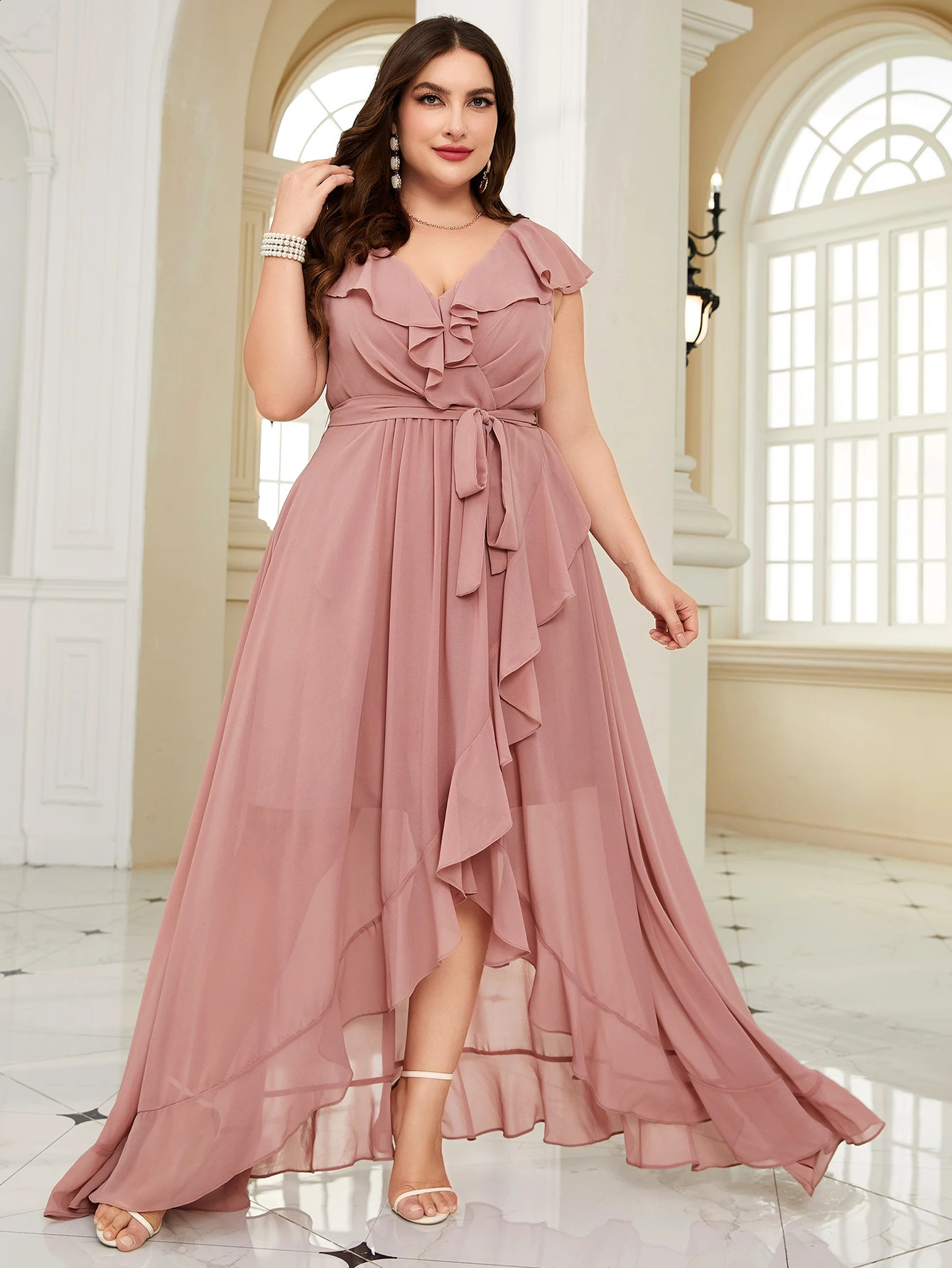Unithorse Plus Size Women Summer Asymmetric Ruffle Lace Dress With Waist Belt Elegant Chiffon Formal Bridesmaid 250517
