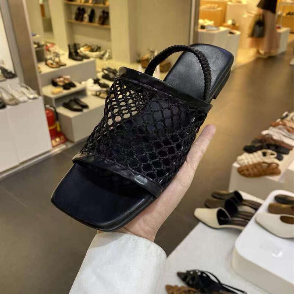 Sheepskin Version ~ Korean Style Fishnet Square Open Toe Women Summer 2025 New Flat Sandals for Outdoor Wear