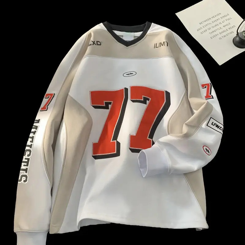 American Retro Motorcycle Long Sleeved Shirt Men Women Autumn Street Cool Patchwork Sports Ice Hockey Suit Sweatshirt 250527