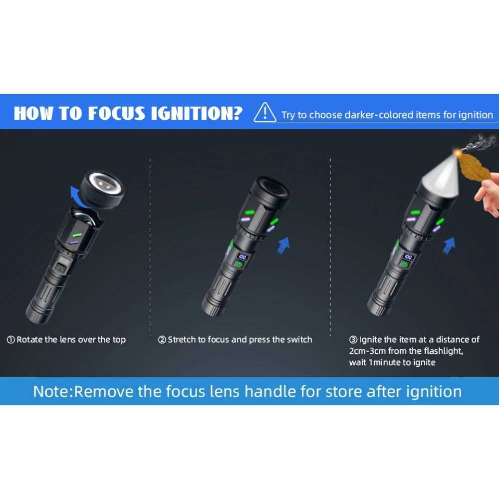 High Power White Laser LED Flashlight 18650 26650 Battery Type-C Strong Light Tactical Torch Outdoor Camping with Ignition LensXJ250529