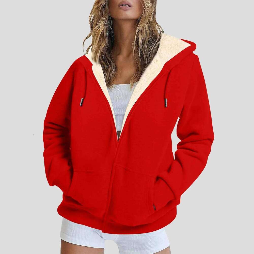 Women's Wear Woman Fleece Lined Zip Up Jackets Streetwear Color Oversize Hooded Coat For Women Fall Winter Solid Warm Soft Outwears