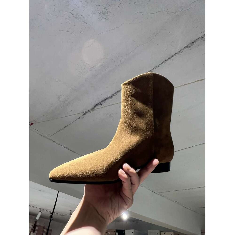 Korean Style Genuine Leather Suede Pointed Toe Chunky Heel Flat Skinny Short Western Cowboy Women's Martin Boots