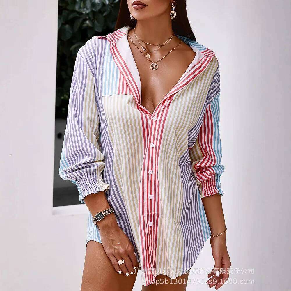 Women's Wear Women Summer Spring Loose Color Striped Shirt Mini Dress Long Sleeve Single Breasted Top Shirts