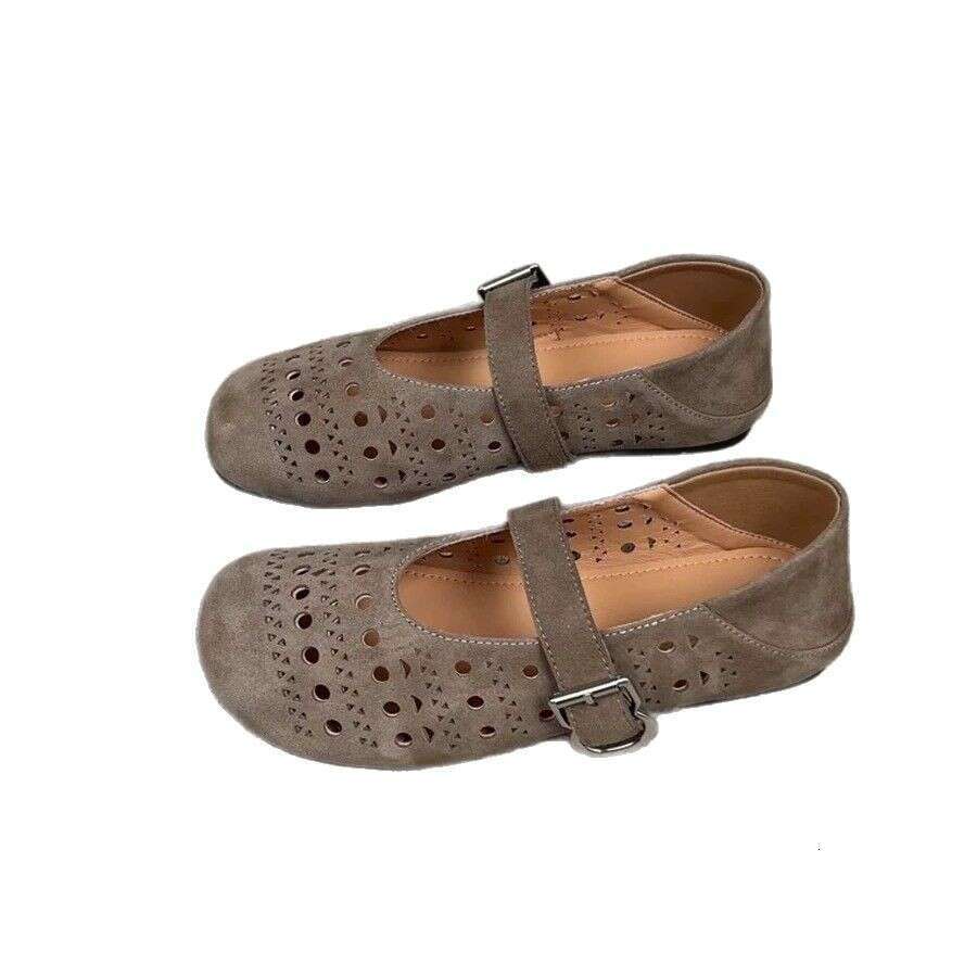 Sheepskin Version ~ Korean Style Round Toe Hollow Out Hole Flat One-Strap Mary Jane for Women 2025 Spring Summer Single Shoes