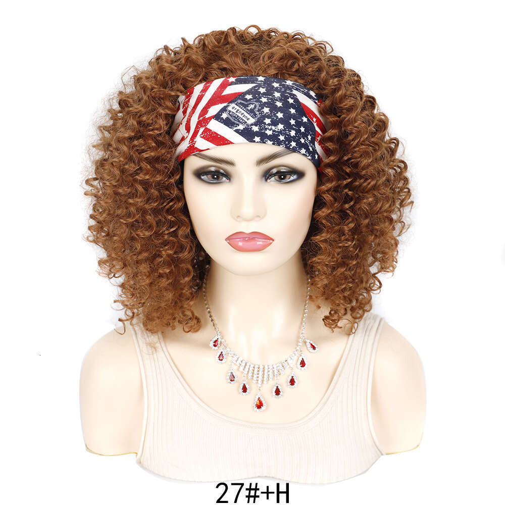 Women's wig Short 19Inch Deep Black Curly Hair Band Ice Silk Hairband Set Wig