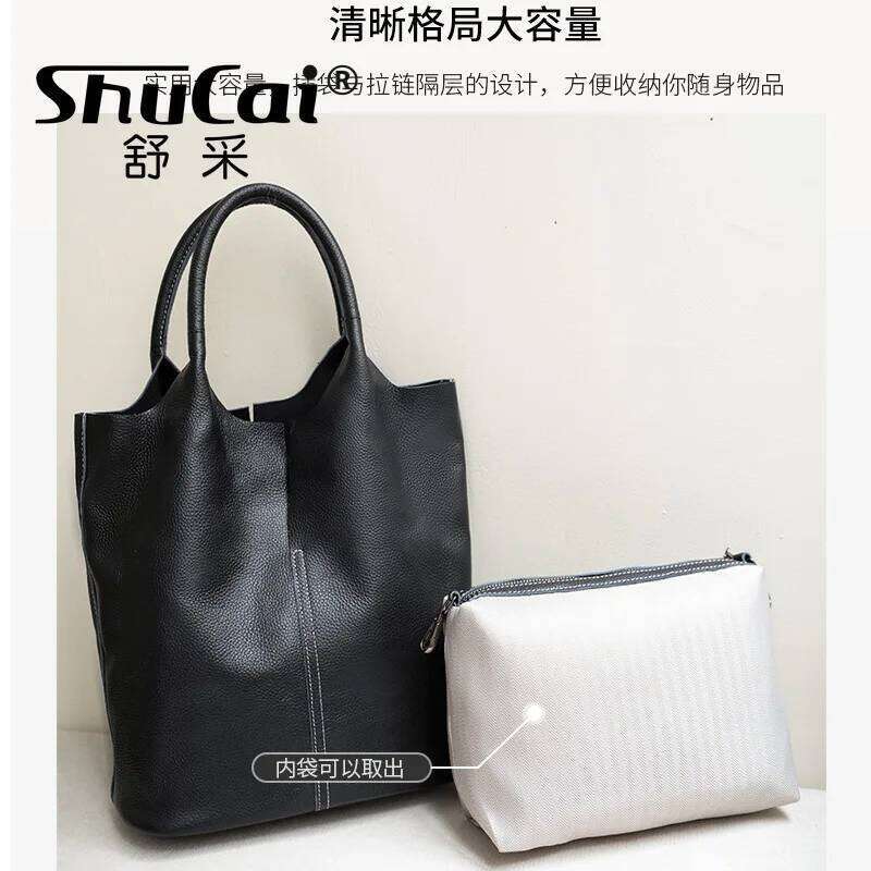 Genuine Leather Commuter Simple Ladies Soft Cowhide Tote Shoulder Handbag Large Capacity Women Bucket Bag 2025 New
