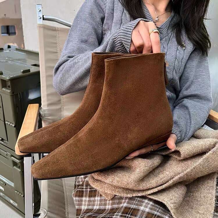 Genuine Leather Matte Korean Style Slim for Women 2024 New Autumn Winter Back Zipper Flat Small Square Toe Short Boots