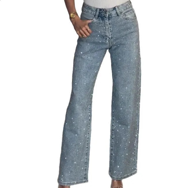 Straight Jeans for Women Diamonds Pants Stretch High Waist Washed Distressed Pockets Vintage Denims Streetwear Female Trousers 250521