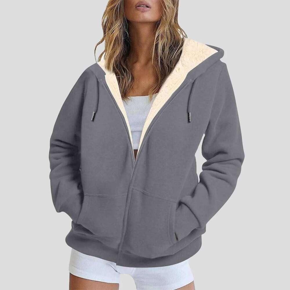 Women's Wear Woman Fleece Lined Zip Up Jackets Streetwear Color Oversize Hooded Coat For Women Fall Winter Solid Warm Soft Outwears