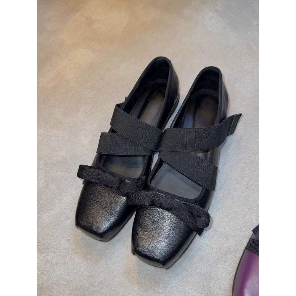 Genuine Leather Niche Bowknot Cross Velcro Low Heel Square Toe Ballet Shoes for Women 2025 Spring Mary Jane Flats