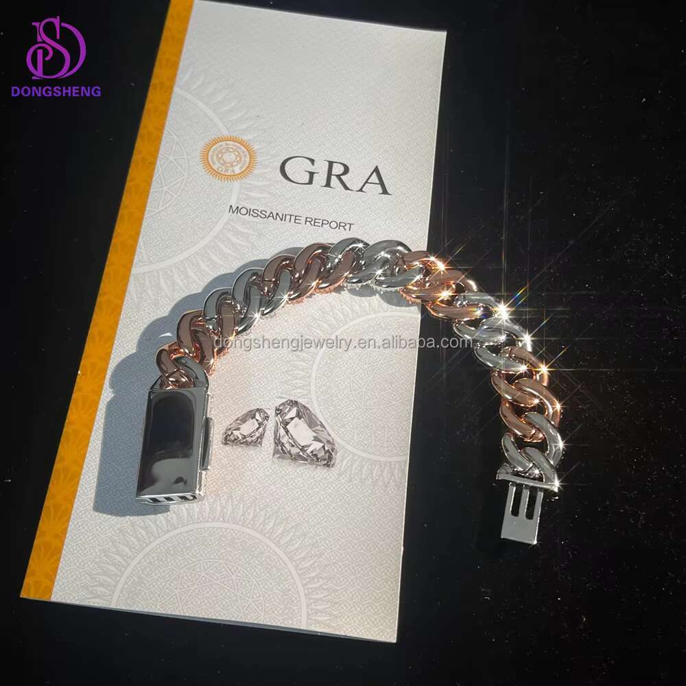Moissanite Bracelet Two Tone Plated Raised 925 Silver 18mm Moissanite Cuban Chain Gift Ideas for Fine Hip Hop Jewelry