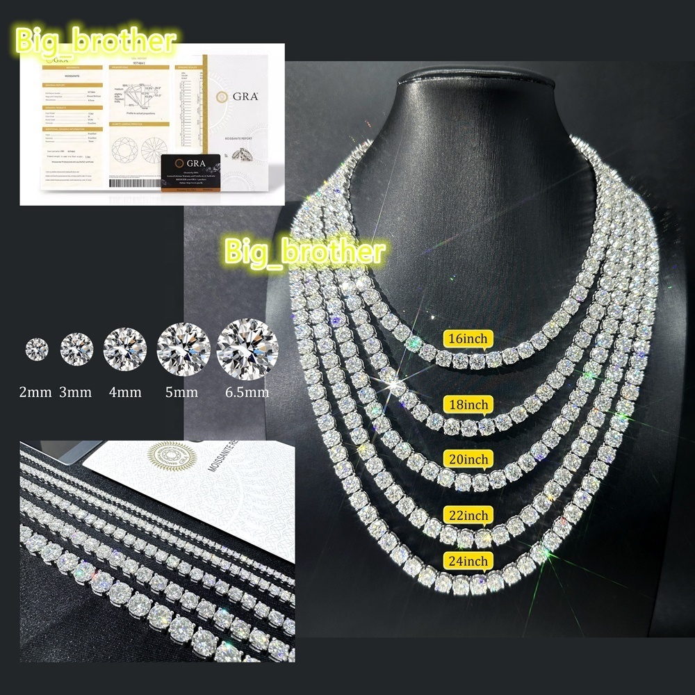Hip Hop Fine Jewelry 2mm-6.5mm Moissanite Tennis Chain 925 Sterling Silver Iced Out VVS D Moissanite Diamond for Men Women