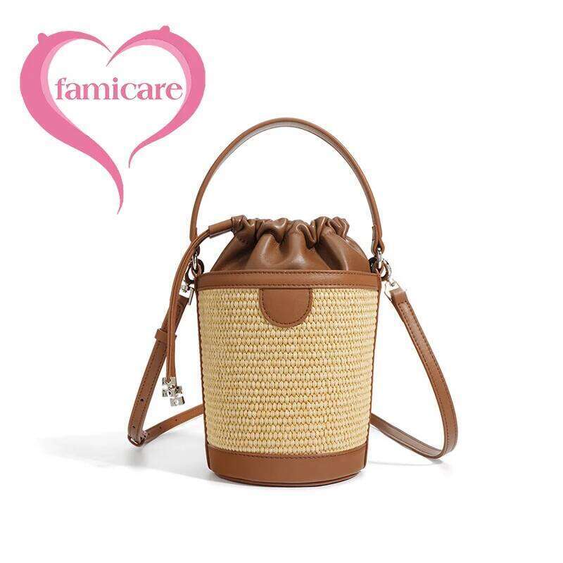 New Women Bucket Handbag Lady Sheepskin Canvas Straw plaited Crossbody Shoulder Bag Female Korean Niche Ins Mini Messenger