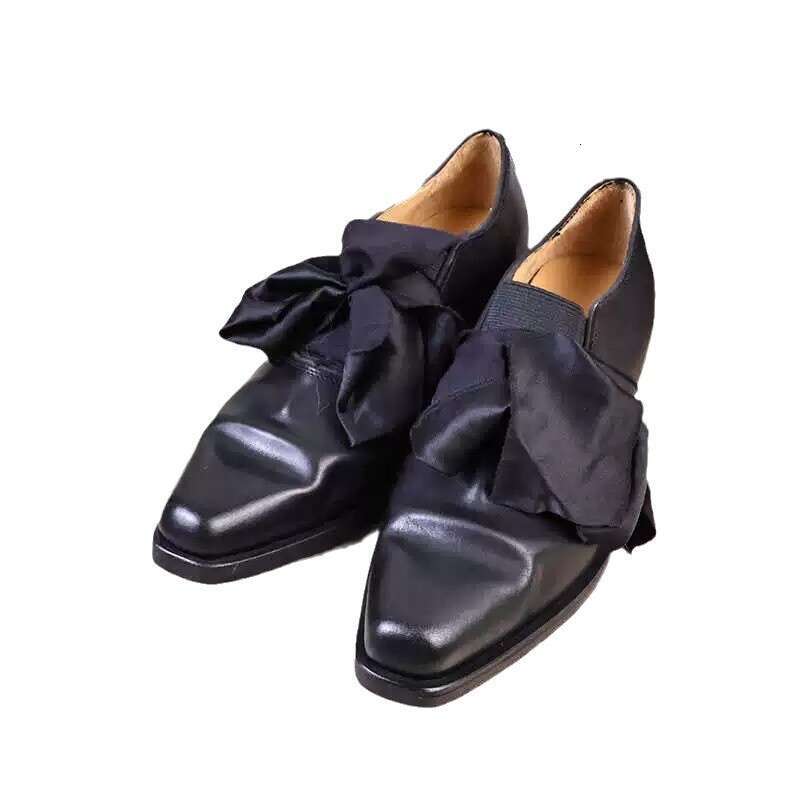 Genuine Leather Niche Bowknot Strap Pleated Square Toe Women's Loafers 2025 New Chunky Heel Single Shoes