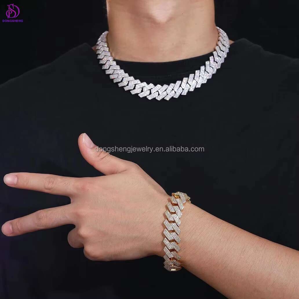 Pass Diamond Tester 925 Silver Fashion Jewelry Hip Hop Necklaces 14/15/16mm 3Rows VVS Moissanite Diamond Cuban Link Chain