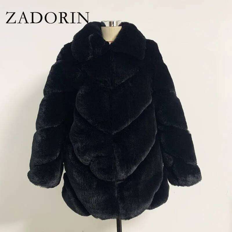 ZADORIN Winter Fashion Long Faux Rabbit Coat Turn Down Collar Fluffy Warm Fake Fur Coats and Jackets Women Jacket