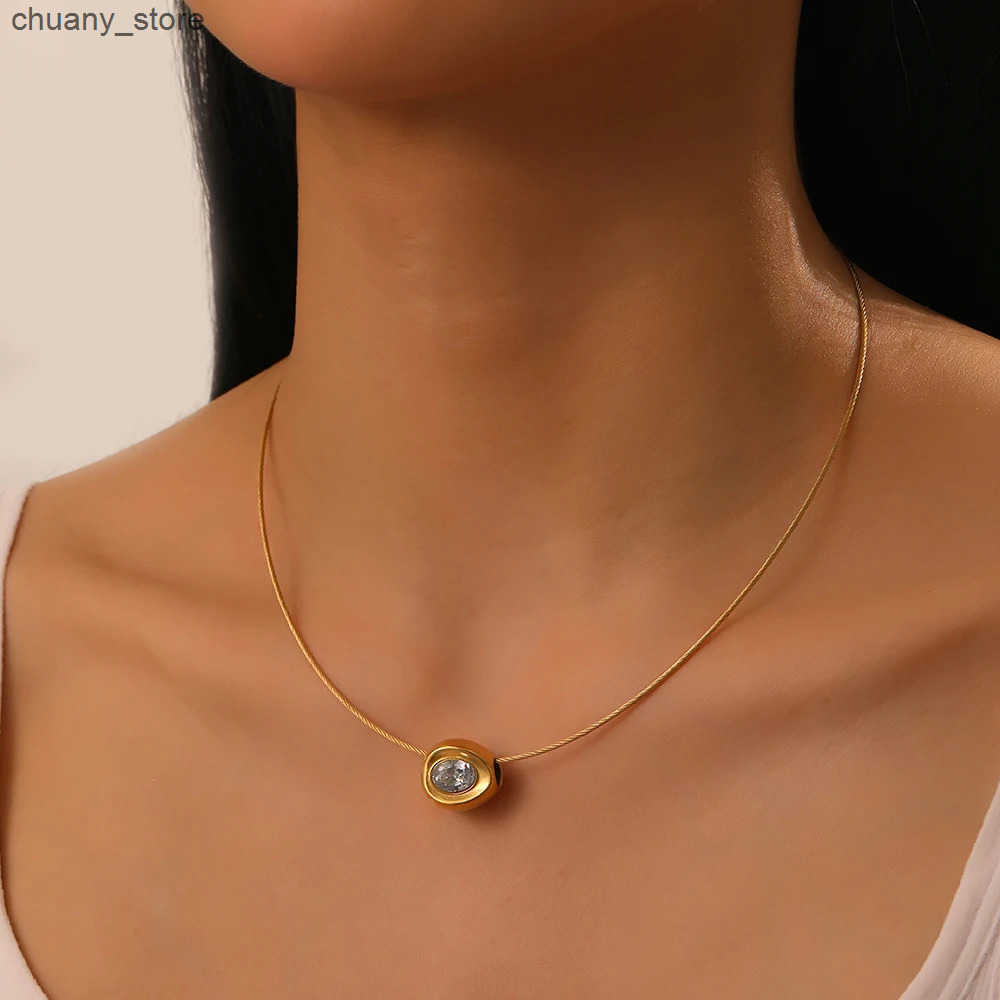 DIEYURO 316L Stainless Steel Golden Hollow Ellipse Zircon Pendant Wire Necklace For Women Classic Trend Neck Chain Holiday Gift z250530HBIE