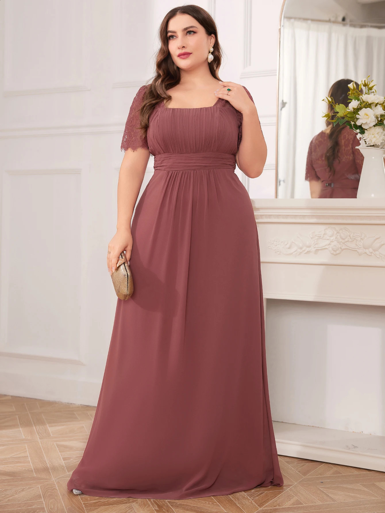 Unithorse Plus Size Womens Lace Applique Sleeve Bust Ruched Chiffon Formal Evening Dress 250517