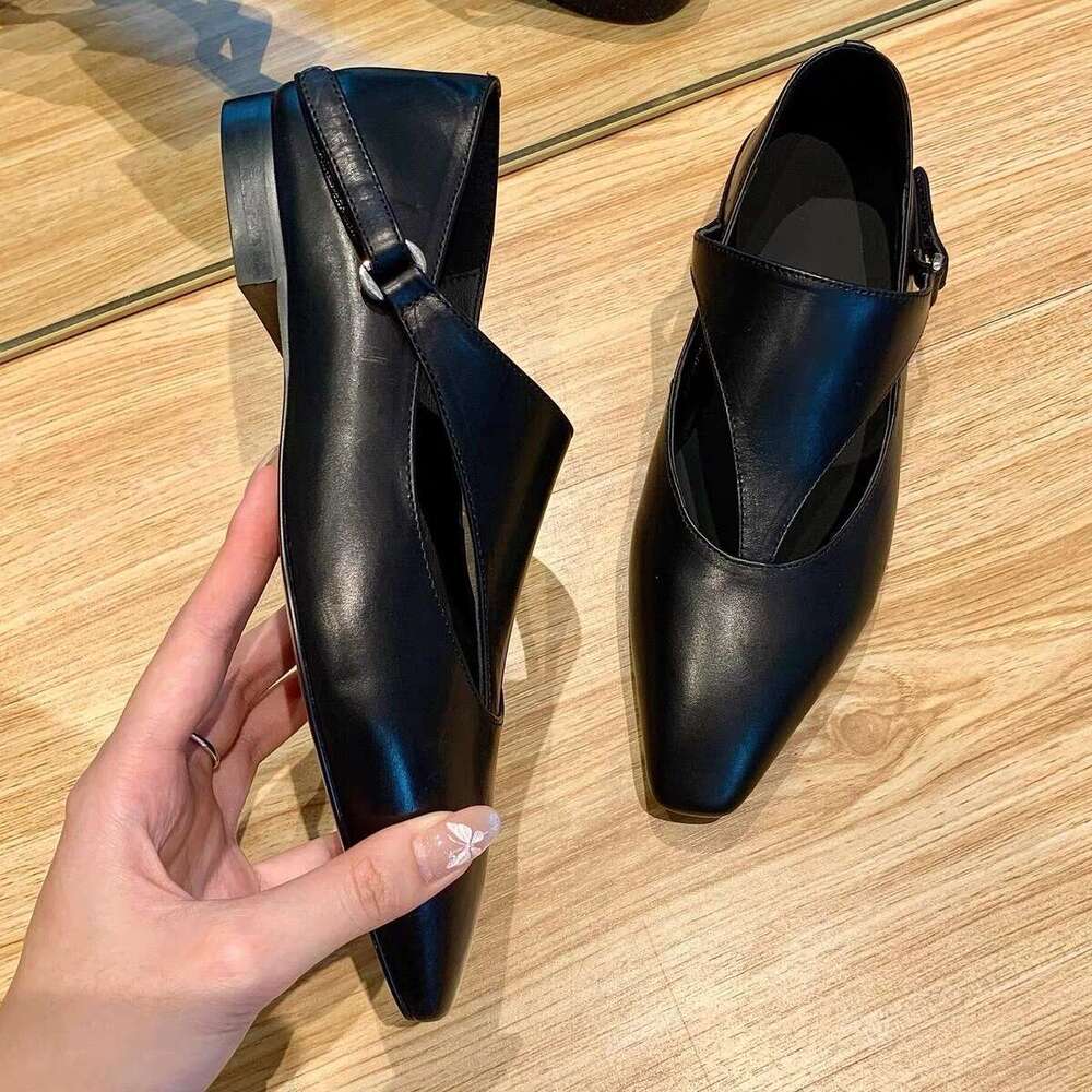 Genuine Niche T-Strap Low Heel Flat Square Toe Women's Spring Autumn New Versatile Loafers Small Leather Shoes