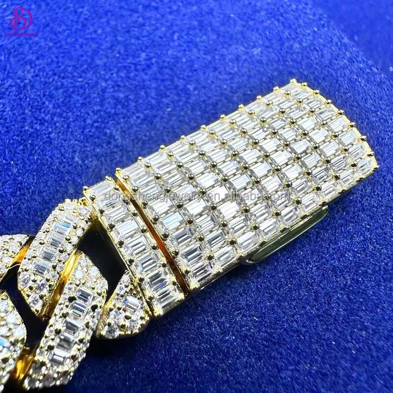 Fashion Trending 18mm S925 Sterling Silver Hip Hop Necklace Bracelet 14k 18k Gold Ice Out Moissanite Baguette Cuban Chain