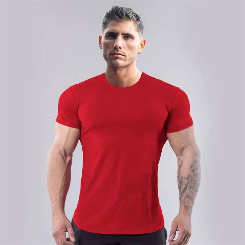 Men's 100% Cotton Summer Sports T-Shirt Slim Fit Short Sleeve Elastic Neck Breathable Thin Muscle Gym Shirt Dyed Solid Color