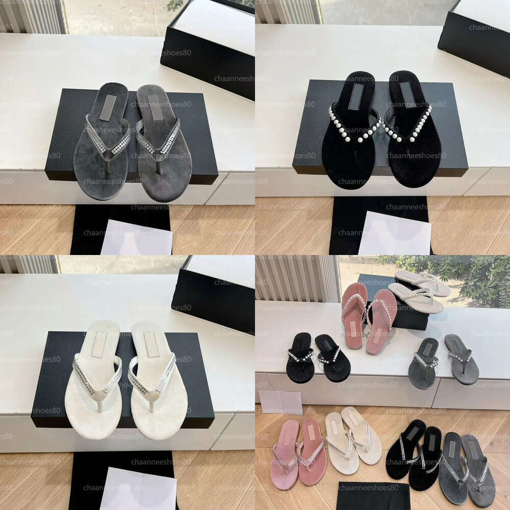 Top quality Suede veet Pearl rhinestone slide slipper Beach sandals Women's designer Flip flops holiday flat shoes 35-43 With box35-42