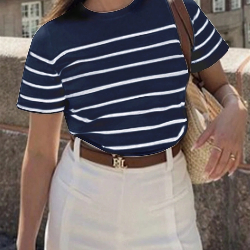 Womens Striped Casual Versatile TShirt Graphic Tees Round Neck Loose Classic Short Sleeve Vacation Entertainment Top 250514