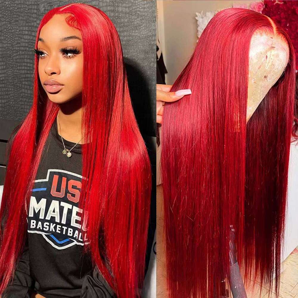210% Density Deep Wave Front Human Hair 13x6 Red Transparent Lace Wigs For Women