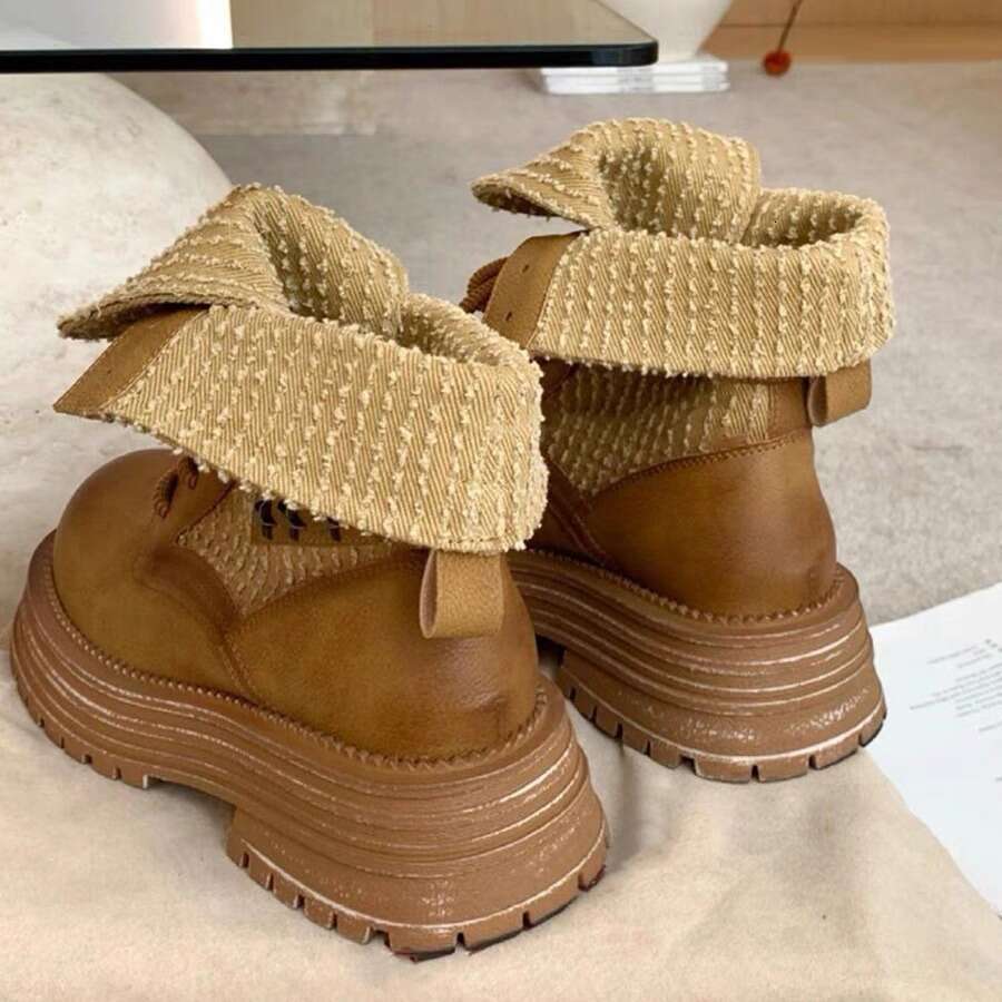 British Style Martin for Women 2024 Autumn Winter New Thick Sole Chunky Heel Height Increasing Turn-Up Two-Way Round Toe Short Boots