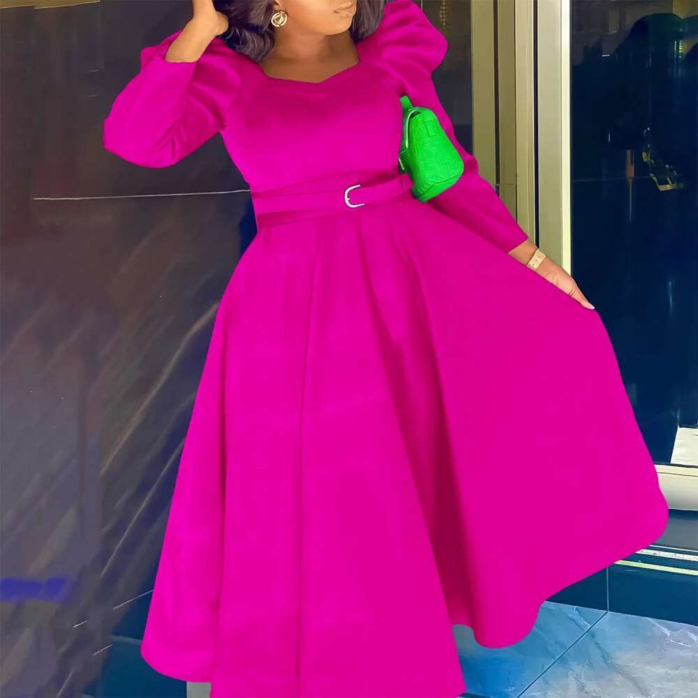Elegant Dresses For Women Square Neck Full Sleeve Belt Waisted A Line Ankle Length Female Birthday Party Dinner Dress Hot