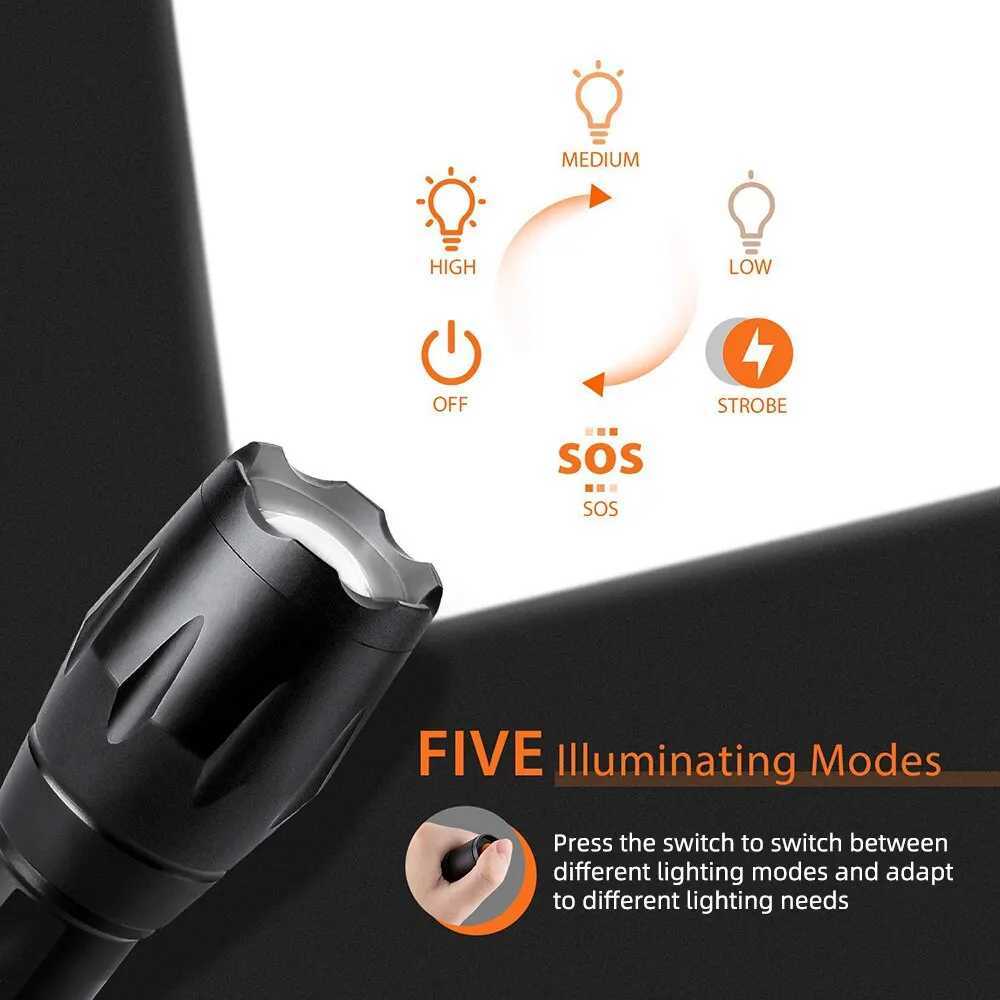 High Power LED Flashlights Camping Torch 5 Lighting Modes Zoom Light Aluminum Alloys Waterproof Material External 18650 BatteryXJ250529