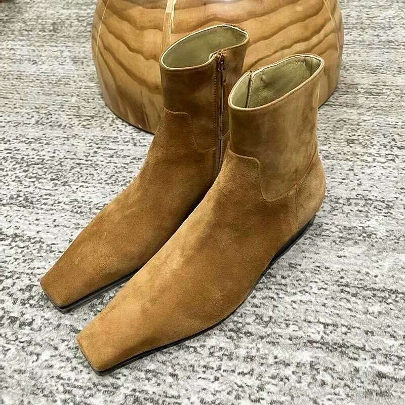 Korean Style Melard Side Zipper Suede Square Toe Slim Short Autumn Winter Fleece Lined Low Heel Martin Women Boots