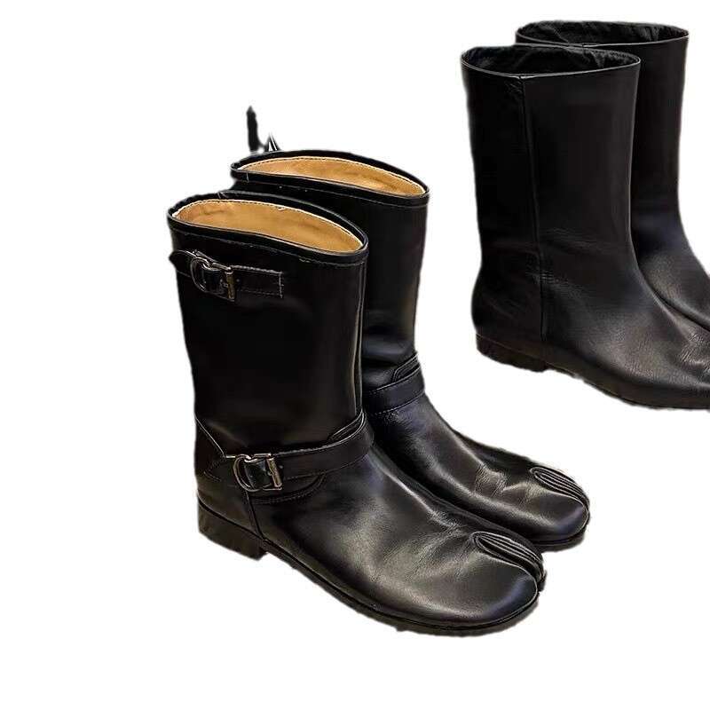 Niche Pig Trotter Split Toe Martin for Women Autumn Winter Fleece Lined Chunky Heel Versatile Mid-Calf Western Cowboy Boots