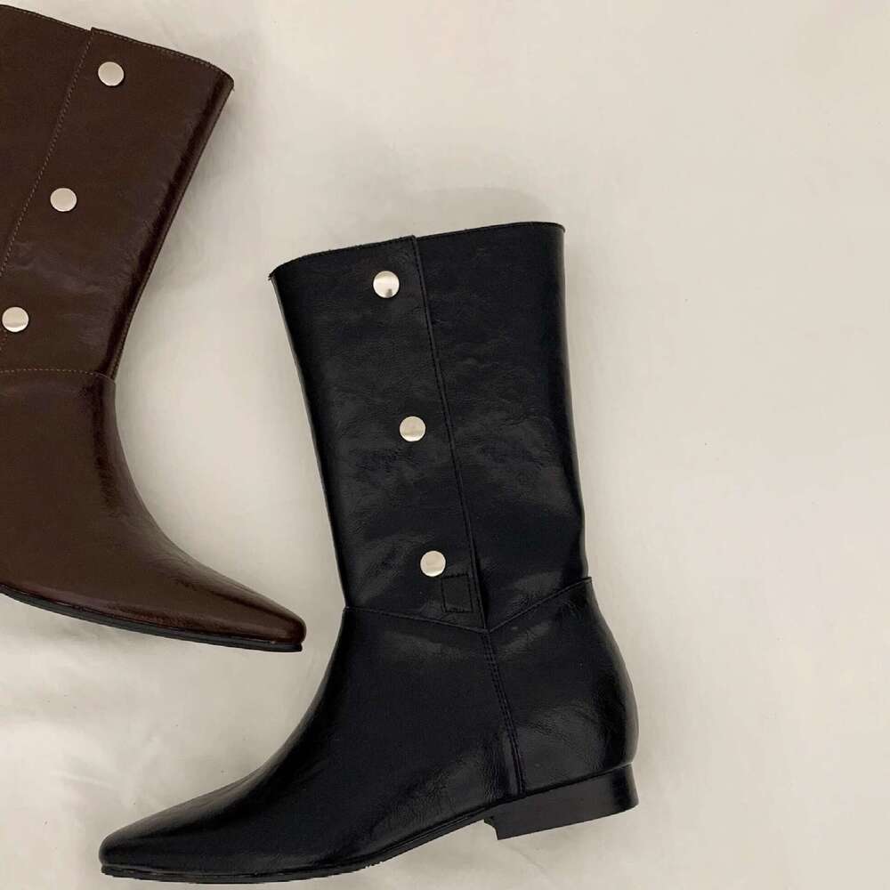 Genuine Leather Korean Style Button Pointed Toe Simple Flat Mid-Calf Riding Women Autumn Winter New Fashion Boots
