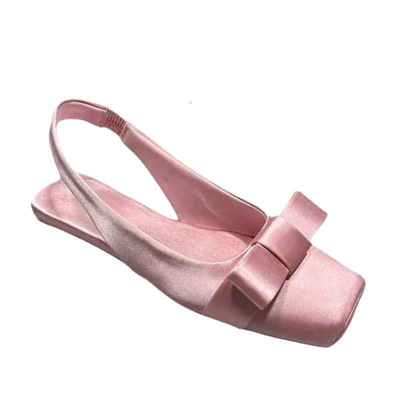 Genuine Leather Satin French Square Bow Flat Back Strap Closed Toe Sandals for Women 2025 New Spring Summer Single Shoes