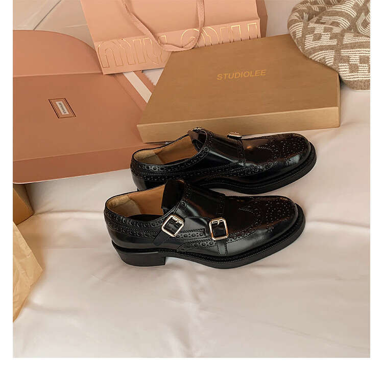 Genuine Vintage Thick Heel Platform Round Toe Deep Mouth Loafers Oxford Carved Derby Small Leather Women's Shoes