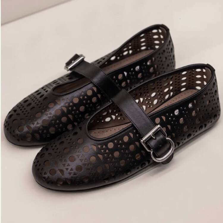 Genuine Leather Shallow Mouth One-Strap Round Toe Hollow Flat Ballet Women Spring Summer New Mary Jane Shoes