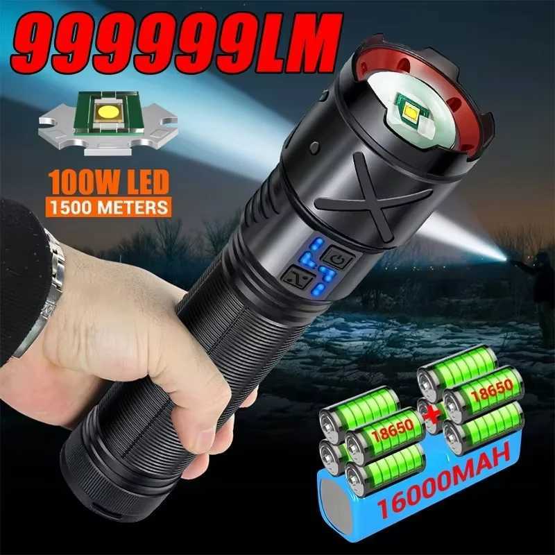 16000mAh High Power LED Flashlights Type-C Rechargeable LED Torch Zoomable Ultra Powerful Flashlight Outdoor Tactical LanternXJ250529
